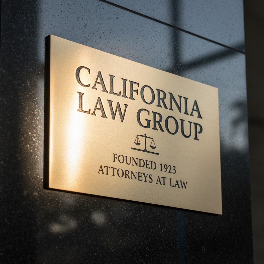 Image description: A close-up of a plaque displaying CALIFORNIA LAW GROUP information with no visible content behind it.