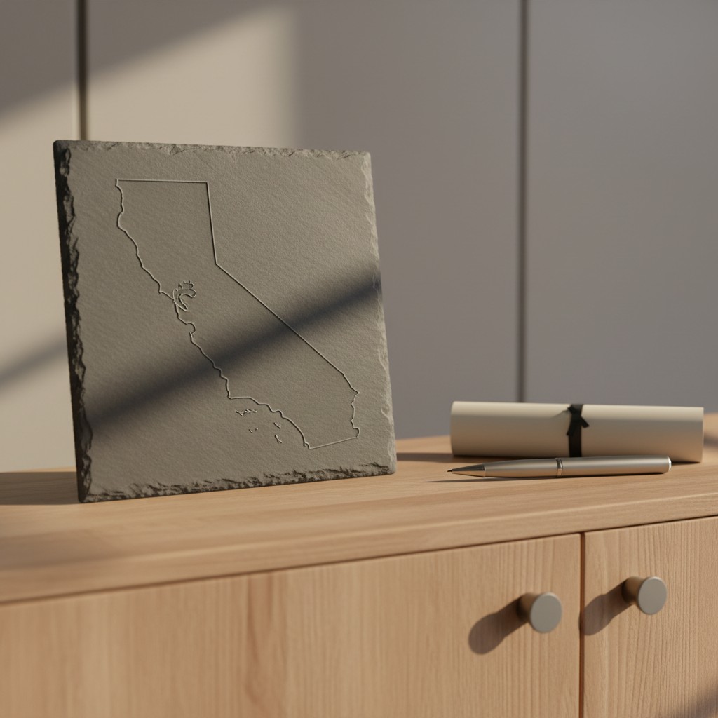 Engraving of California on gray stone on wooden dresser. A rolled-up beige paper tied with a black ribbon and pen resting ...