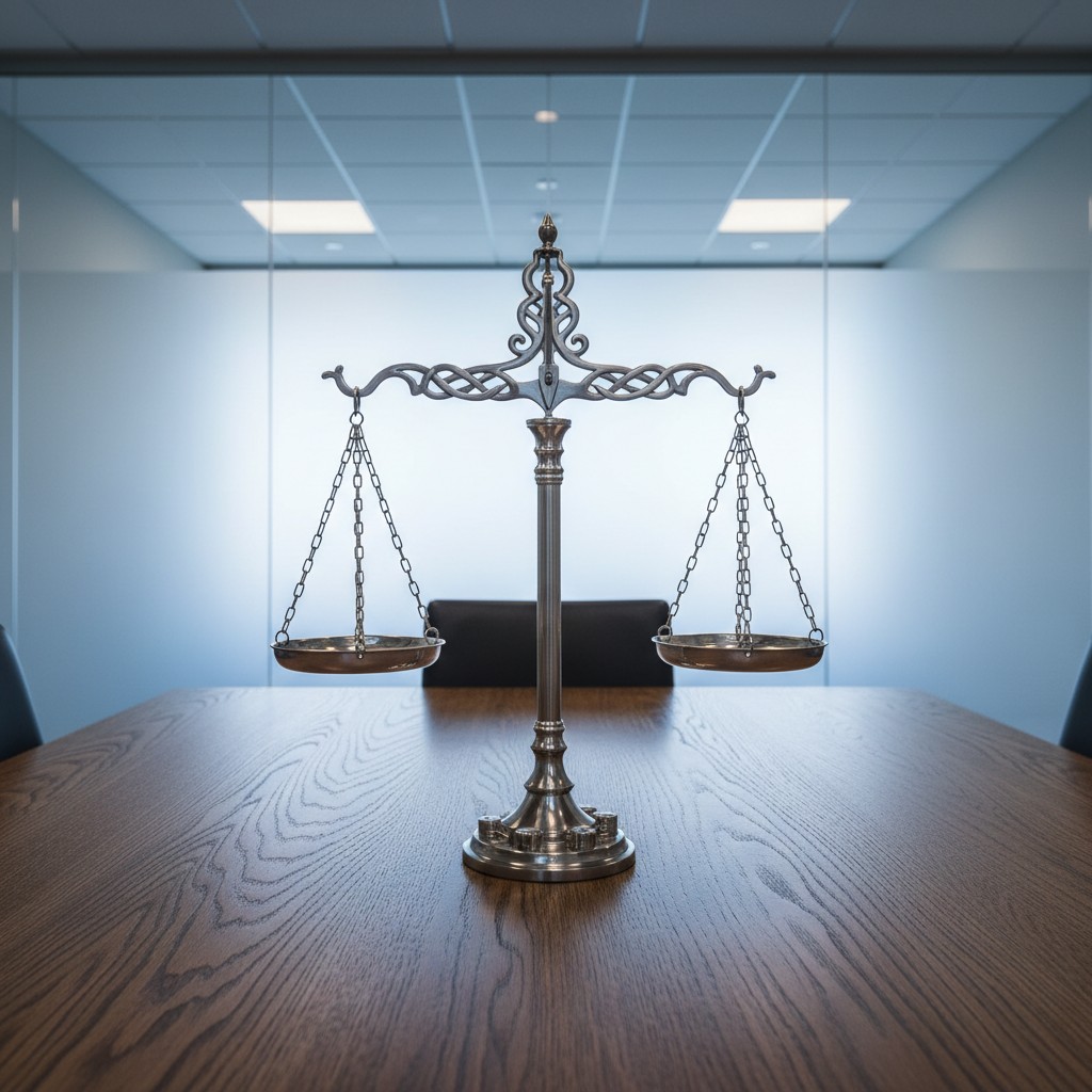 An empty, sophisticated conference room with modern lighting and glass walls. A large, ornate metal scale sits on a wooden...